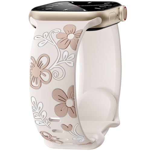 Witzon Floral Band Compatible with Apple Watch Bands For Women 41mm 40mm 38mm 42mm 44mm 45mm 46mm 49mm, Engraved Cute Flower Soft Silicone Strap for iWatch Series 11 10 9 8 7 6 5 4 3 2 1 SE Ultra