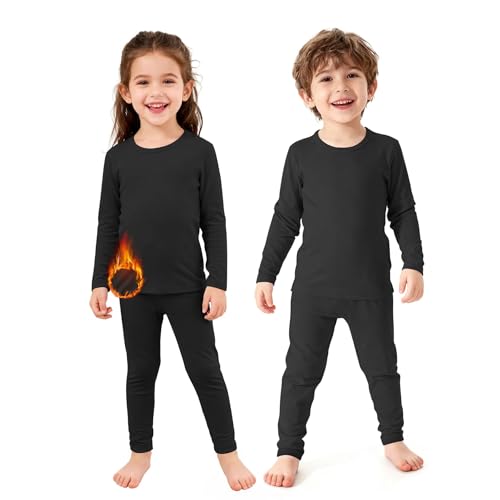 Zando Toddler Thermal Set 2T - Kids Thermals Top and Bottom Winter Warm Toddler Long Johns 3T Fleece Lined Compression Shirt Leggings Pants Thermal Base Layer for Boys Girls Cold Weather 2 Set Black