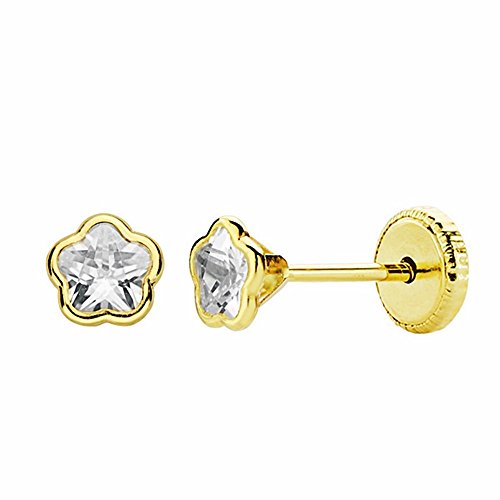 Pendientes de oro 18k con flor de circonita de 4mm y cierre de seguridad tornillo