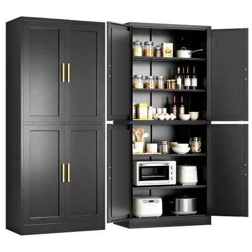 Image of Wanfu 71 inch Tall Pantry Cabinet, Metal Kitchen Pantry Cabinet with 4 Doors and 4 Adjustable Shelves, Kitchen Pantry Storage Cabinets, Metal Storage Cabinet for Kitchen, Dining Room, Living Room-Black
