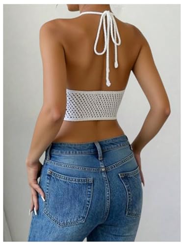 Milumia Women's 3D Floral Crochet Knit Halter Top Y2k Tie Back Hollow Out Crop Tops3