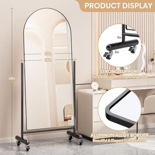 Ecomosita Large Arched Full Length Mirror on Wheels, Rolling Tilting Swivel Floor Mirror 65" x 23.6" with Tempered Glass and Metal Frame, Modern Dressing Mirror Body Mirror, Home Decor, Black by Ecomosita - Used condition - Image 4
