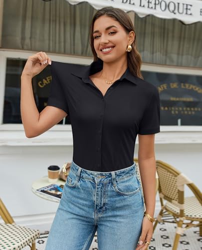 Image of Gleeivy Women's Slim Fit Button Down Shirt Stretch Short Sleeve Wrinkle-Free Work Blouse for Business Casual Office