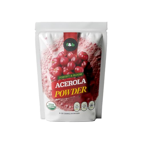 f&b superfoods Pure Organic Acerola Cherry Powder Freeze Dried (8oz) Organic Vitamin C Powder for Immune System Booster Smoothie Cherry Juice acerola Vitamin c Bulk Powder Brazil Origin.