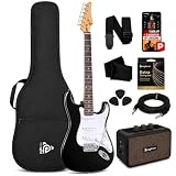 Pyle E-Gitarre Set Anfänger, ST-Gitarrenset mit 5W Verstärker, Gigbag, Gurt und Plektren, 22 Bünde, Schwarz