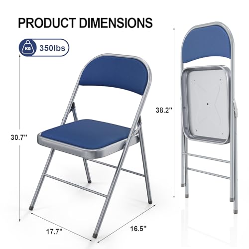 Image of VINGLI 4 Pack Folding Chairs with Padded Seats, Metal Frame with Fabric Seat & Back, Capacity 350 lbs, Blue, Set of 4