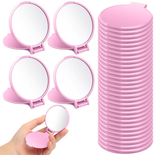 Saysurey 24 Pcs Mini Pink Compact Mirror Bulk for Women Small Round Portable Pink Mirror Makeup Folding Pocket Travel Accessories for Purse Christmas, 2.8 x 2.4 Inch