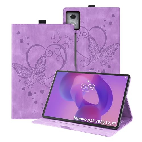 Auslbin Funda Compatible con Lenovo Idea Tab Pro/P12 2025（Gen 2） Cuero en Relieve de Mariposa Carasa de Tableta con Función de Soporte Protector de Flip Anti-caída Fundas, Púrpura