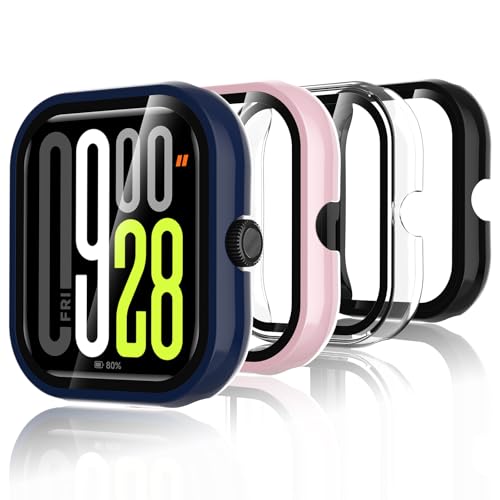 Bigqin 4 Stück Schutzhülle Kompatibel mit Xiaomi Redmi Watch 5, Hart PC Hülle mit Bildschirmschutzfolie, HD Hülle Cover mit gehärtetem Glas - Rosa/Schwarz/Blau/Transparent