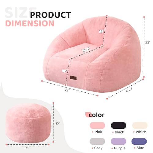 Image of HABUTWAY Bean Bag Chair, Giant Bean Bag Chairs for Adults with Ottoman, Comfy Faux Fur Shell-Shaped Bean Bag Couch, Sofa Chair for Living Room, Bedroom, Pink