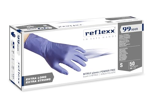 REFLEXX R99/S \hirisk,\ Die hohe Widerstand puderfrei Nitril Handschuhe Gr 8,9, Gr. S, Blau (50 Stück)