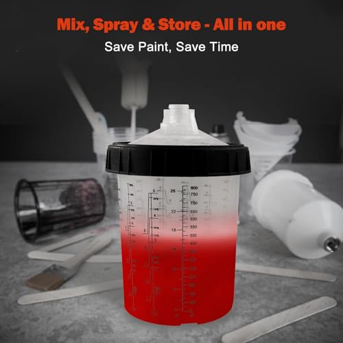 Image of Disposable Paint Spray Gun Cup Liners & Lid System, 50 Standard 27 Ounce (800ml) Kit - 190 Mic- 50 Cup Liners, 50 Lids with Strainer, 1 Hard Cup with Retainer Ring 20 Plugs,2 Cup Adapters