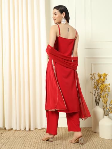 Image of FIORRA Women's Red Crepe Kurta and Palazzo Set with Matching Dupatta