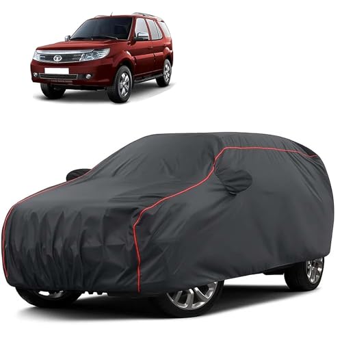 Image of Sulfar 100% Water Resistant Car Body Cover Compatible with Mirror for Tata Safari Storme (Triple Stitched, Full Bottom Elastic, Dark Grey Taffeta with Red Piping)