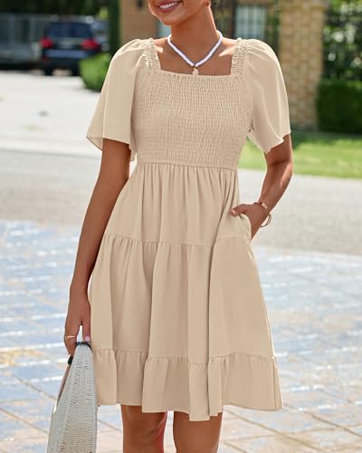 Image of BTFBM Womens Summer Smocked Mini Dress Spring Square Neck Flutter Sleeve Casual Ruffle Swing Boho Beach Dresses Pockets