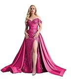 Winaiwi Off Shoulder Sequin Prom Dress Long Mermaid Tulle Beaded Formal Evening Party Dress with Detachable Train Fuchsia Size 16