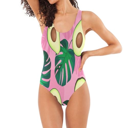 RPLIFE Traje de baño de una pieza para mujer, diseño de hojas de aguacate, traje de baño con control de abdomen para mujer, traje de baño de una pieza con espalda baja, Hojas de aguacate rosa 2, M