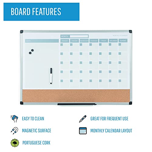 Mastervision Magnetic Dry Erase Monthly Calendar Planner Push Pin Corkboard Combo With Marker Tray, 18" X 24", Gray Plastic Frame #TOP2