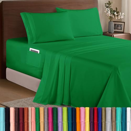 Image of Elegant Comfort Luxury 1500 Premium Hotel Quality Microfiber 4-Piece Sheet Set - Soft, All Around Elastic 18-24 Inches Deep Fitted Sheet - Extra Deep Pocket Sheets, Queen, Emerald Green