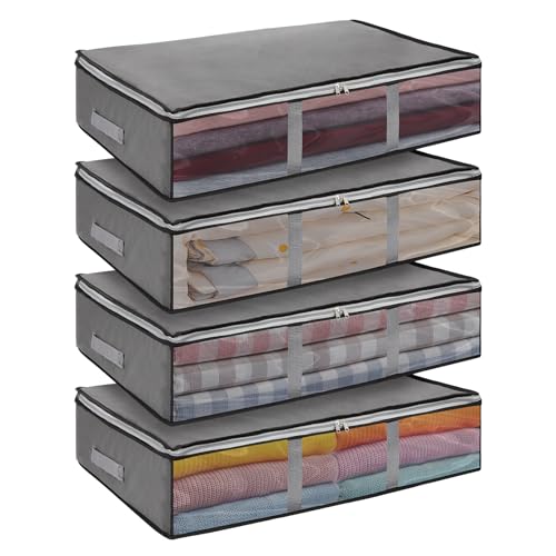 JF HOME BLISS 4 Pack 38 L Under‑Bed Storage Boxes with Lids & Clear Windows – Foldable Underbed Organiser & Clothes Storage Bags with Lid for Bedding & Clothing(59×45×14.5cm)