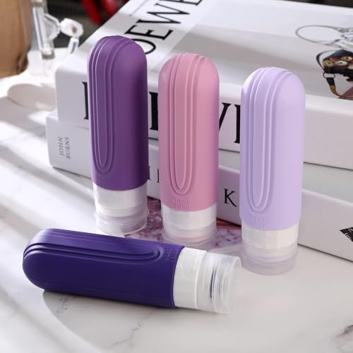 Kit 4 Frascos Potes Silicone Viagem 90ml Aprovado TSA Creme Shampoo Condicionador (Roxo e Rosa)