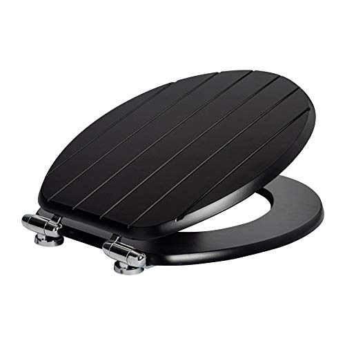 Harbour Housewares Soft Close Toilet Seat - Black - Pack of 1 - Oval-Shaped Wooden Toilet Seat Antibacterial Loo Lid with Universal Chrome Hinges, Fixings & Fittings