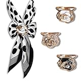 3pcs Fashion Silk Scarves - 3 Rings Elegant Rhinestone Camellia Flower Shawl Clip Buckle Modern Gold Smooth Scarf Brooches Women Accessories