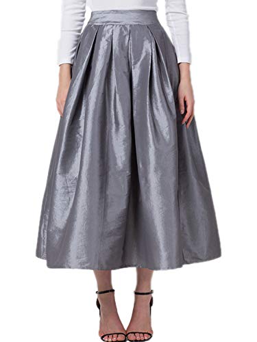 PERSUN Women's High Waist Flared Holiday Party Long Maxi Satin Skirt with Pockets(Black, Silver, Pink, Blue, Green)