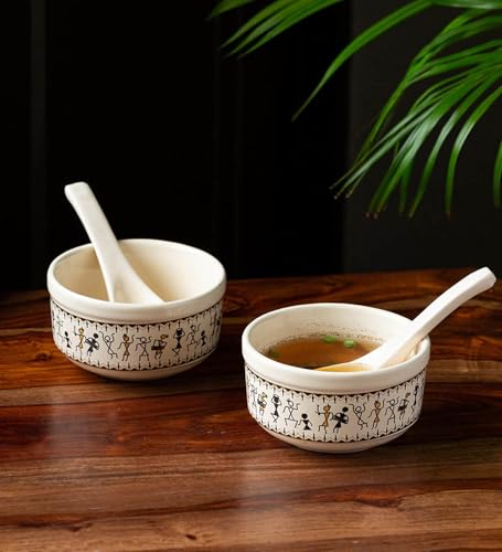 Image of ExclusiveLane 'Warli Village Tales' Handpainted Ceramic Soup Bowl with Spoon Set of 2 (300 ml, Dishwasher & Microwave Safe Bowls, Beige)|Soup Bowl Ceramic Bowl Set of 2 Soup Bowl Set for Kitchen