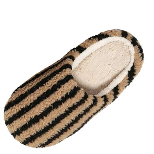 Women's Striped Fuzzy Slippers Closed Toe Cozy Plush Winter House Shoes