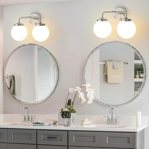 Image of Bathroom Light Fixtures 14in 2-Light Brushed Nickel Vanity Light for Mirror | Bathroom Lighting Fixtures over Mirror, ETL, Brushed Brass Wall Sconce, Dimmable E12 Base Max 60W, Milky Glass Ball Shades