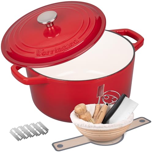 VORRINGARD Enameled Cast Iron Dutch Oven Pot with Lid, for Bread Baking, Round Bread Oven- include Sourdough Bread Baking Supplies Set, 4.5QT, Red
