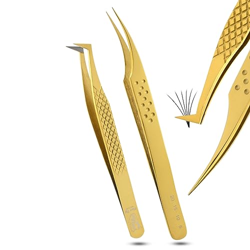 My Lash Tools Eyelash Extension Tweezers, Fiber Tip Axe Tip Boot Volume Tweezer and Dolphin Isolation Eyelash Tweezers Set Mink Lashes Fan Making Mega Volume Boot Lashing Tweezers (Gold Set)