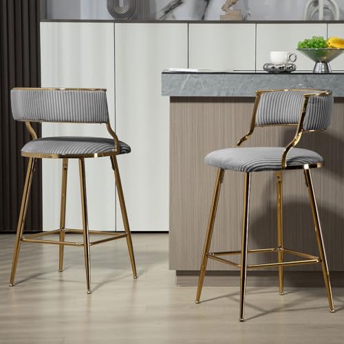 Butacos de Terciopelo Modernos para Isla de Cocina, Set de 2 Sillas Tapizadas con Espaldar y Patas Doradas, Color Gris, para Bar, Pub o Club miniatura 3