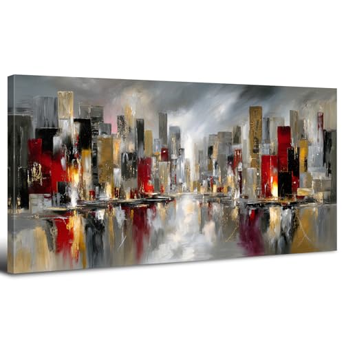 Impressions sur Toile Abstraite Rouge et or Représentant une Ville Tableau Représentant un Paysage Urbain Abstrait Affiche de Skyline de New York Moderne...