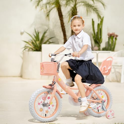 Image of Girls Bike with Basket for Toddlers and Kids Aged 3-14 Years Old, 12 14 16 18 Inch with Training Wheels & Doll Seat, 20 Inch with Kickstand & Rear Rack, Princess Style Bicycle for Gift.