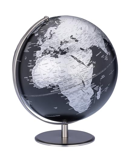 TROIKA Globus mit 30 cm Durchmesser WELTBLICK 30 – verchromter Metallfuß – bewegliche Achse – deutsche Beschriftung – Kunststoff, Metall – schwarz, silberfarben – TROIKA Original