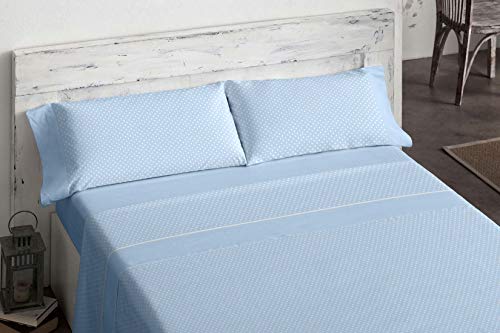 Burrito Blanco Juego de Sábanas de Franela 150 x 190/200 cm de Largo Azul con Topos Blancos/Juego de Cama 555 de 150x190 cm hasta 150x200 cm, Diseño de Topitos Blancos en Fondo Azul