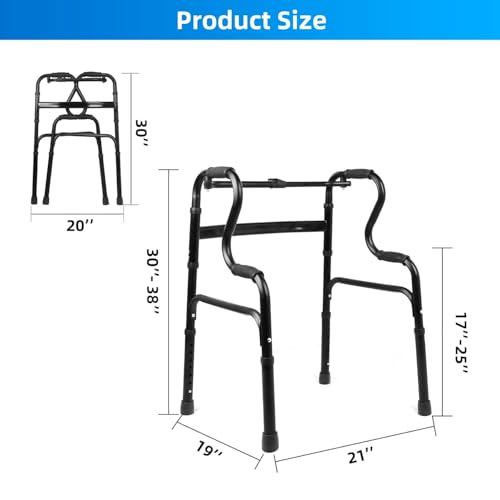 Aluminum Foldable Walker for Seniors - 7-Height Adjustable with 2 Wheels, Stepped Handrail Assisted, Stable Stand Up, Fixed & Flexible Modes, Black
