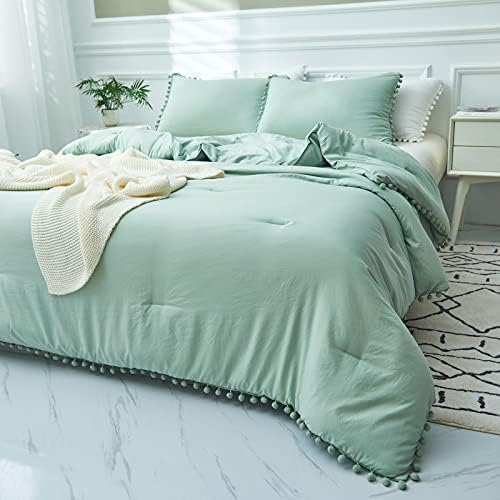 AIKASY Sea Green Fringe Queen Comforter Set - 3 Pieces, Extra Soft Washed Microfiber Bohemian Boho Chic Bed Comforter with Shams, All-Season Reversible (1 Comforter+2 Pom Pom Pillow Shams,Queen)