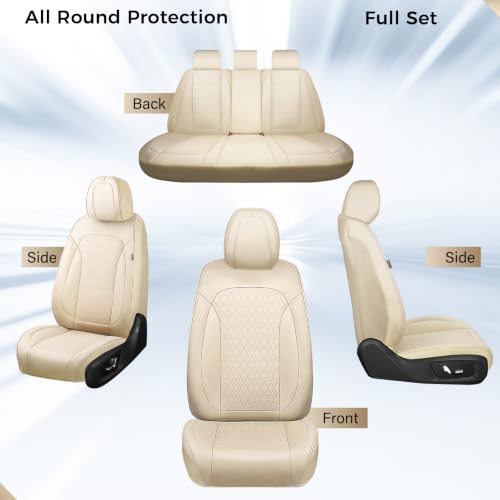 Image of Coverado Car Seat Covers Full Set, Leather Seat Covers for Cars, Waterproof Car Seat Protectors, Durable Front and Back Car Seat Cushions Automotive Seat Covers Universal Fit for Most Cars, Beige
