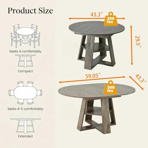 Image of 59 inch Extendable Round Dining Table for 4-8, Folding 59 inch to 43.3 inch Modern Kitchen Oval Dining Table with Removable Leaves Storage Shelf for Kitchen Living Room Black