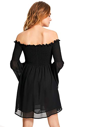 Romwe-Womens-Casual-Floral-Print-Off-Shoulder-Trumpet-Sleeve-Swing-Dress