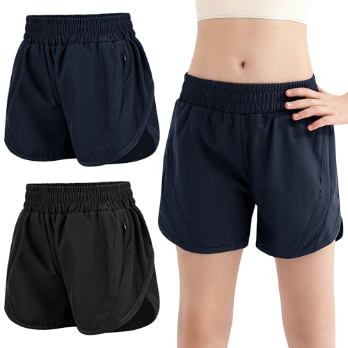 Resinta 2 Pack Girls Athletic Shorts Teen Girls High Waisted Shorts with Zipper Pockets for Gym Running