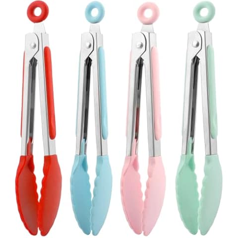 7 Inch Silicone Tongs Small Tongs for Serving Food Mini Kitchen Tongs with Silicone Tips Stainless Steel Cooking Tongs for Appetizers Small Serving Tongs for Salad Baking Party, Set of 4 Cover