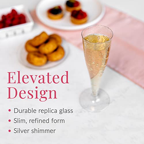 Prestee 100 Champagne Flutes Plastic | Disposable Champagne Flute | Silver Glitter Plastic Champagne Glasses Disposable | Mimosa Bar, Wedding, & Shower Party Supplies | Plastic Party Glasses (Silver) #TOP2