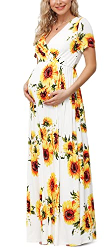 Xpenyo Women's Floral Maternity Dresses Summer Casual Short Sleeve V Neck Wrap Long Maxi Dress Pregnancy Clothes For Baby Shower, Photoshoot, Party, Daily, Nursing, Sunflower White Xl #TOP4