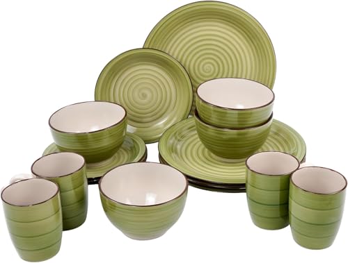 PRADICHI 16 Piece Dinnerware Set for 4 – Round Kitchen Dinner Set with Dinner Plates, Dessert Plates, Cereal Bowls & Mugs – Teal Blue & White Tableware Combination Set (Green & White)
