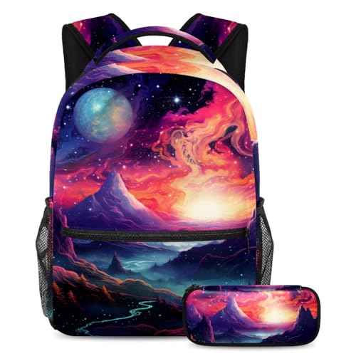 Ensemble cartable galaxie coloré grand format au design espace avec trousse assortie
