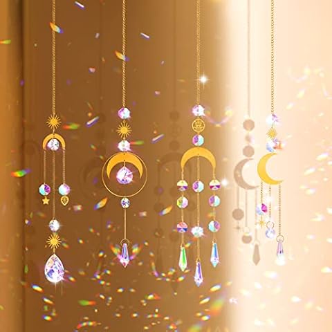 Crystal Suncatcher Wind Chime, Crystals Moon Wind Chimes Rainbow Hoop Pendant, Sun Hoop Rainbow Crystal Pendant for Garden Decoration Window Room (4 Pieces Crescent Shaped) Cover